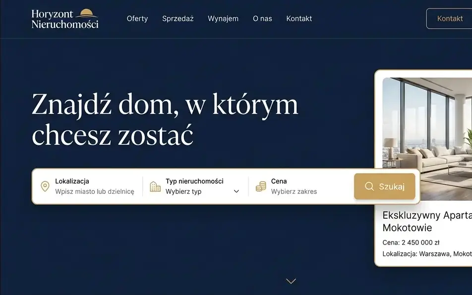 Biuro nieruchomości — podgląd strony demo (sekcja powitalna)