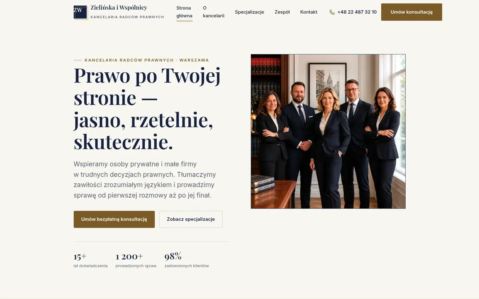 Kancelaria prawna — podgląd strony demo (sekcja powitalna)