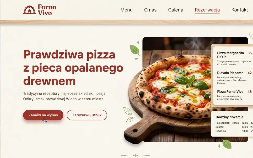 Pizzeria — podgląd strony demo (sekcja powitalna)