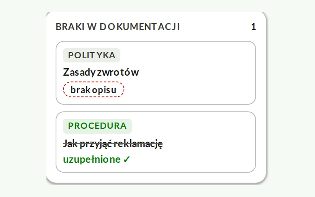 Ilustracja, dane przykładowe. Procedura dostaje właściciela i schodzi z listy braków.