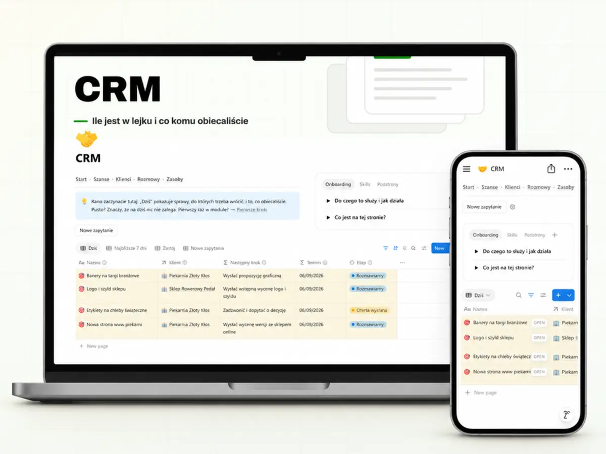 Szablon CRM w Notion na laptopie i telefonie