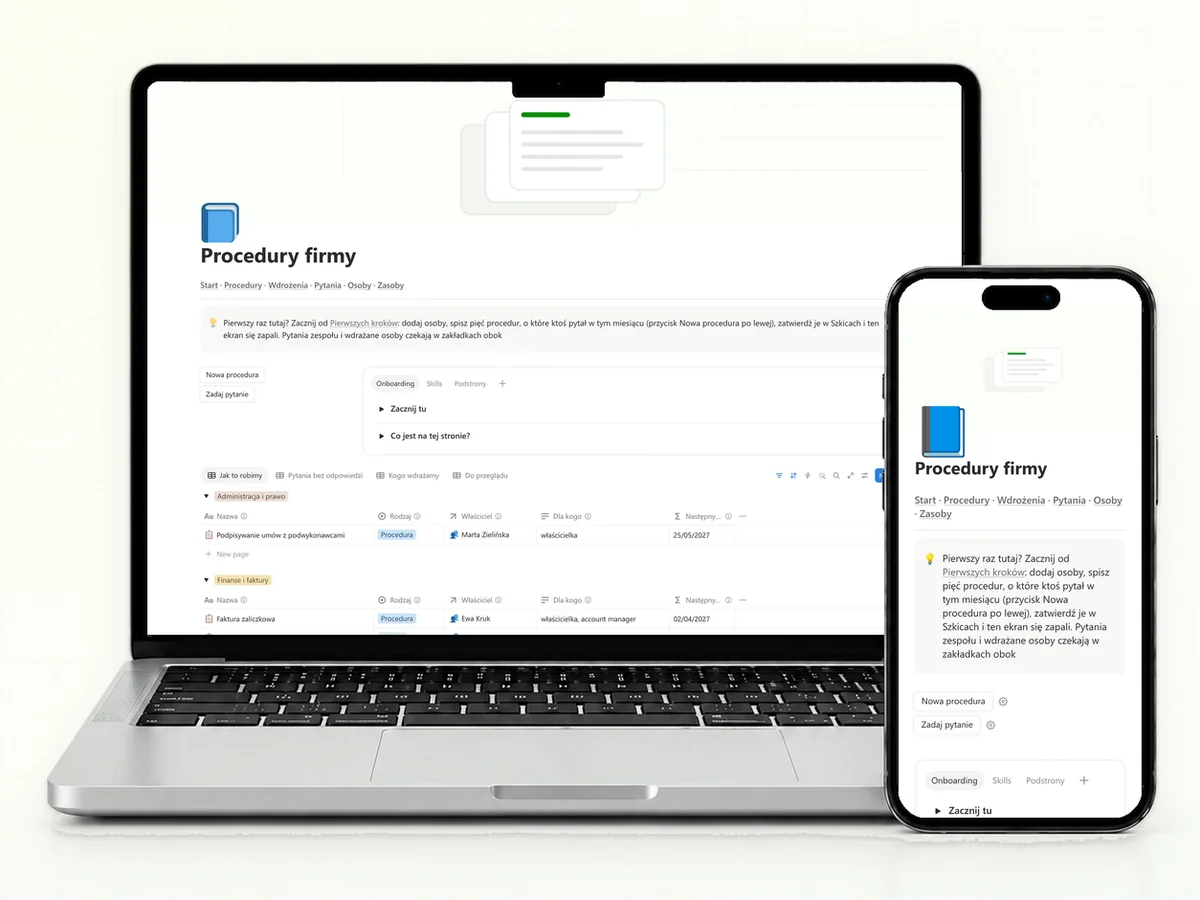 Szablon Procedury firmy w Notion na laptopie i telefonie