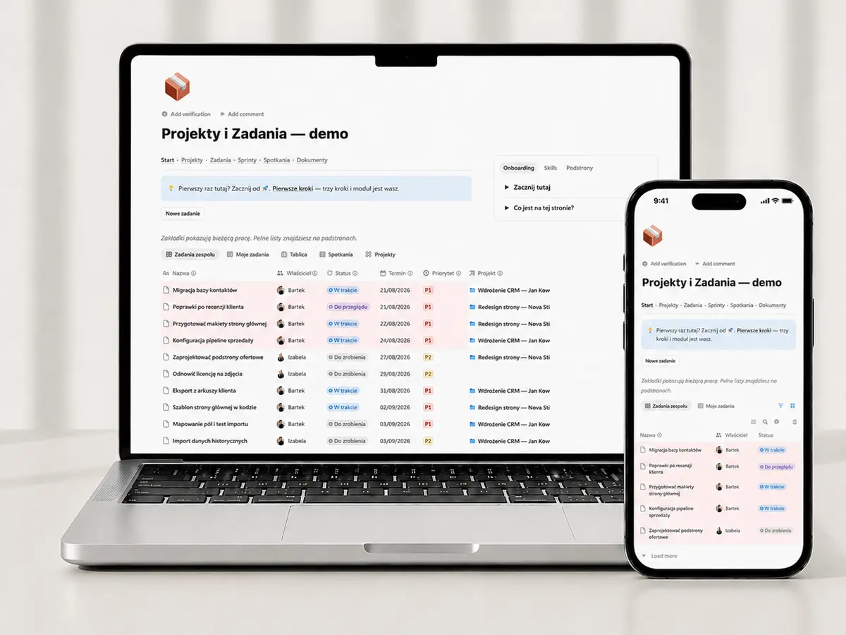 Szablon Projekty i Zadania w Notion na laptopie i telefonie