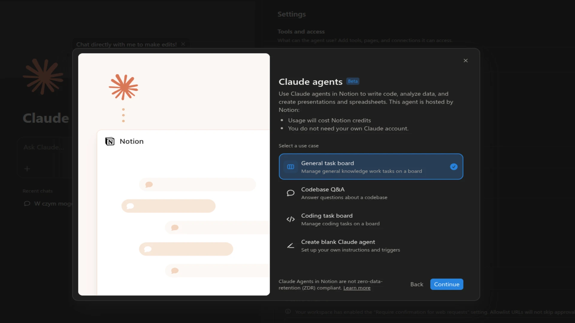 Konfiguracja agenta Claude w Notion, wybory szablonu: General task board, Codebase Q&A, Coding task board lub własny.
