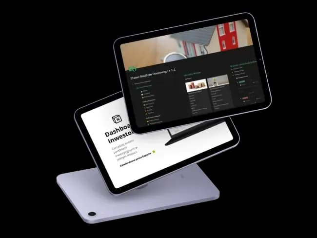 Ekran tabletu wyświetla przykładowy dashboard inwestycyjny i planer nieruchomości.
