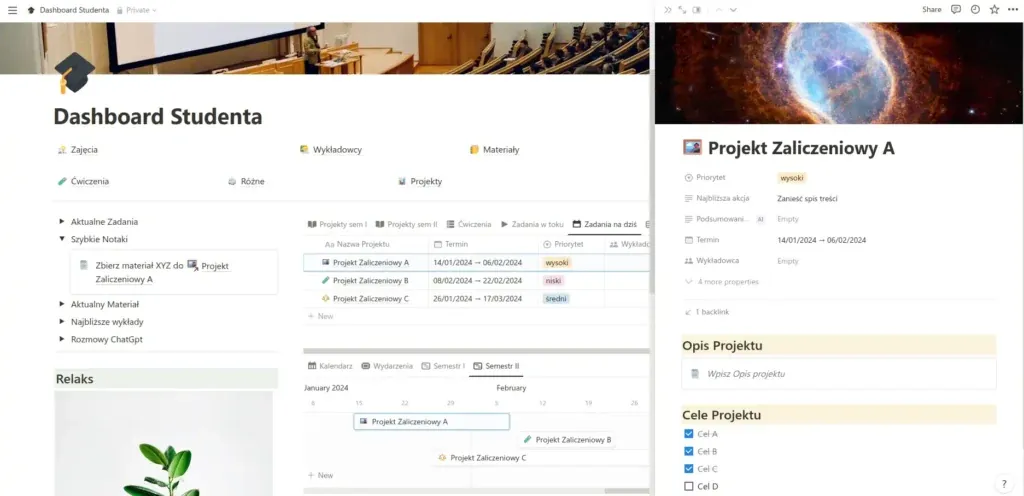 Dashboard Studenta z zakładkami do zarządzania zadaniami, projektami i materiałami, oraz szczegółowy widok projektu z…