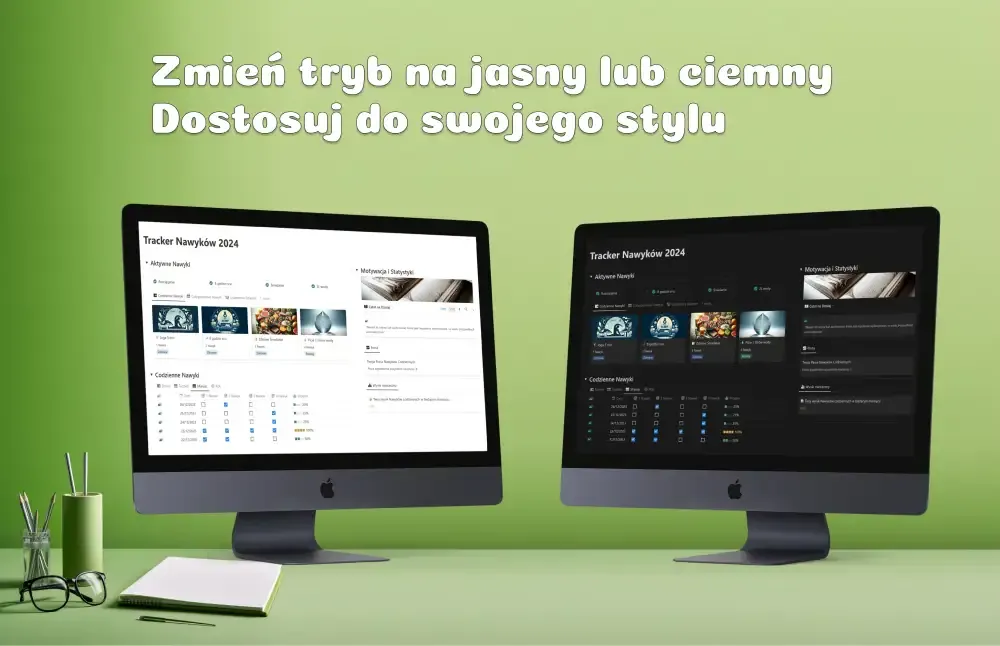 Dwa monitory komputera wyświetlają ten sam interfejs aplikacji Notion, jeden w trybie jasnym, a drugi w ciemnym.