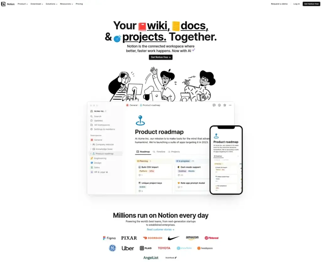 Notion to połączona przestrzeń robocza, w której zespoły mogą współpracować nad wiki, dokumentami i projektami.