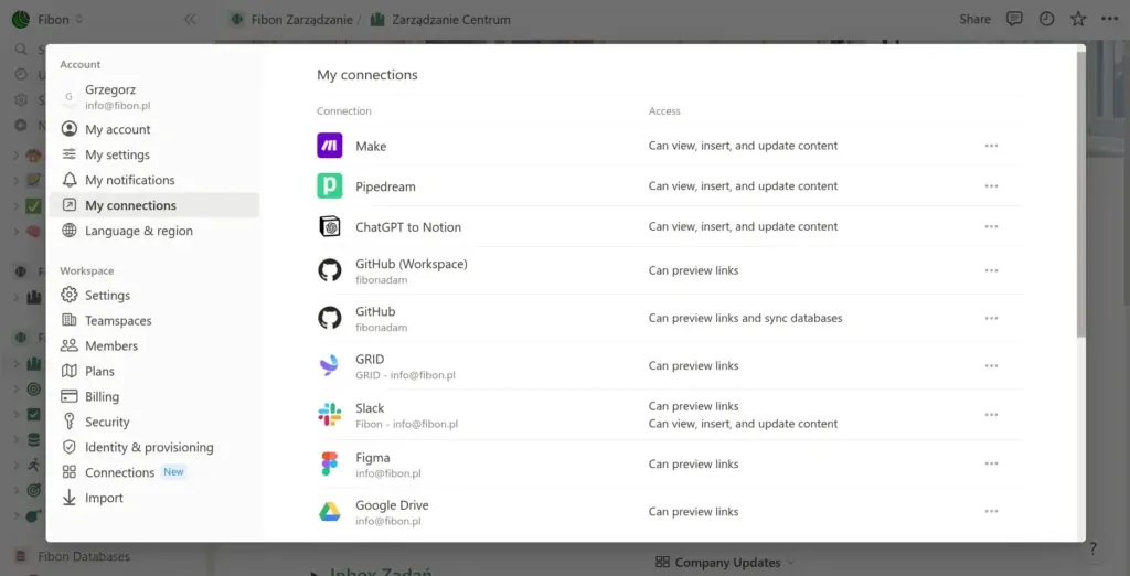Lista połączonych aplikacji z kontem Notion, w tym Make, Pipedream, ChatGPT, GitHub, GRID, Slack, Figma i Google Drive.