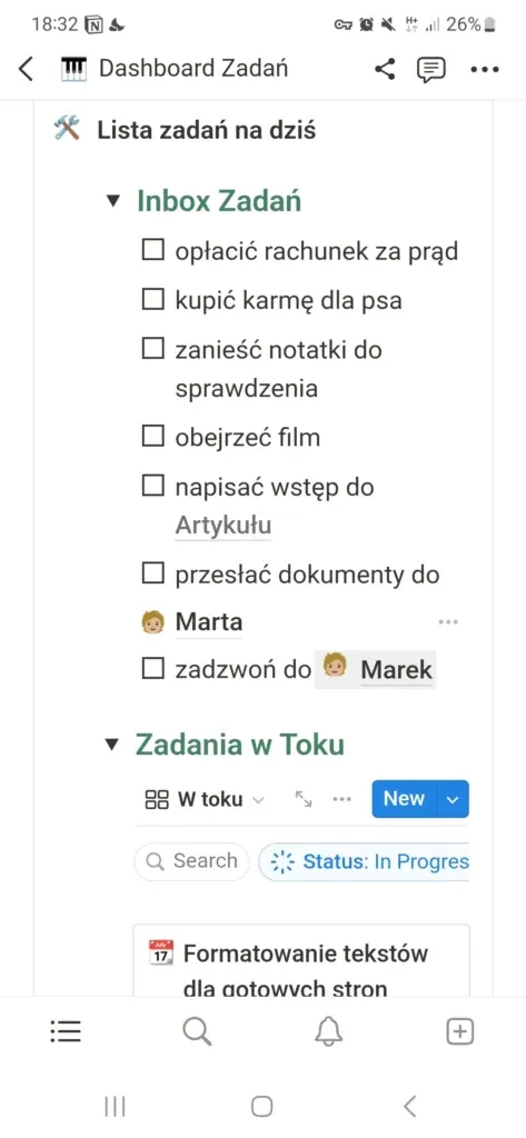 Lista zadań użytkownika, z możliwością wyboru i edycji, prezentująca zadania do wykonania oraz w trakcie realizacji.
