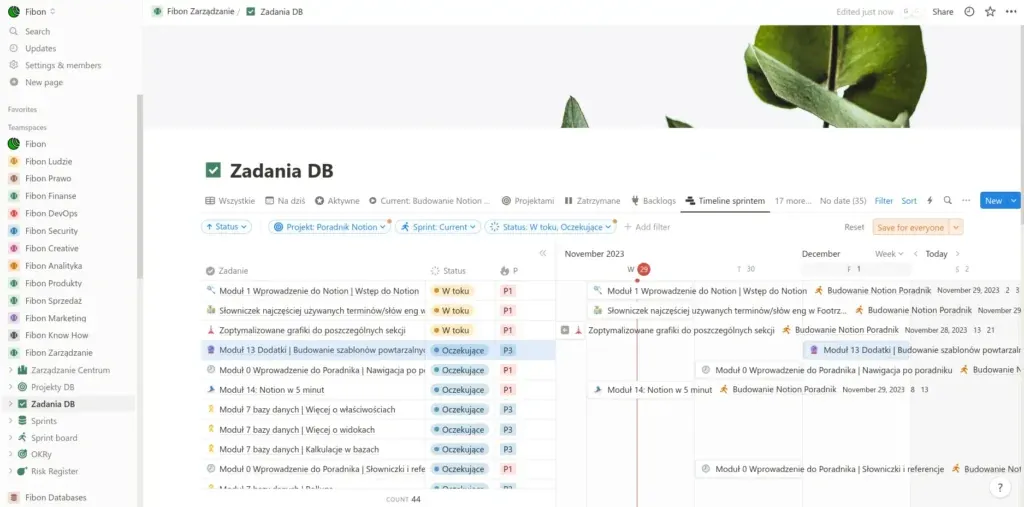 Lista zadań w Notion, obejmująca moduły edukacyjne i projekty związane z wprowadzaniem do Notion, zarządzaniem…