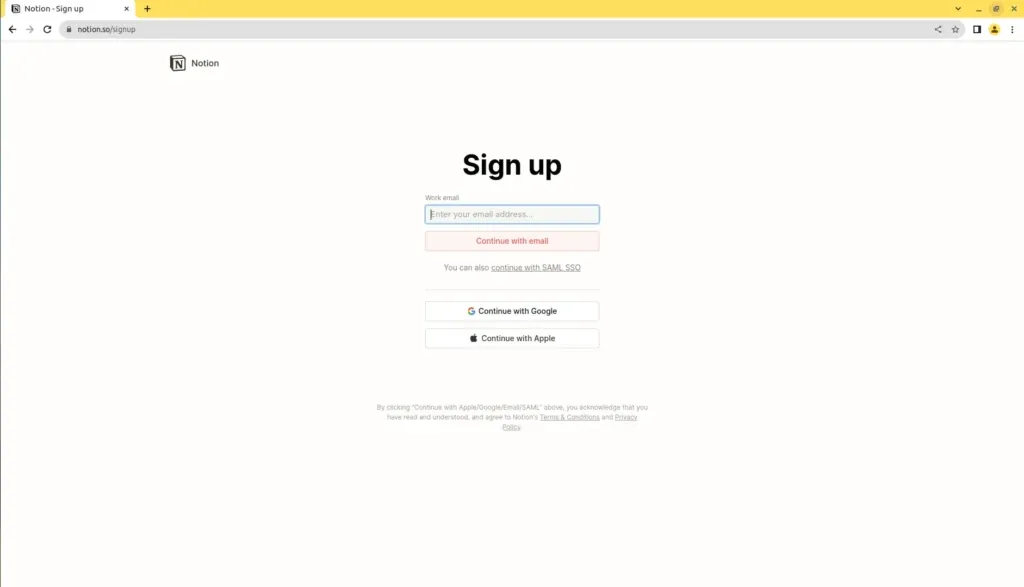 Strona rejestracji w Notion z polem na adres e-mail i opcjami logowania przez Google, Apple lub SAML SSO.