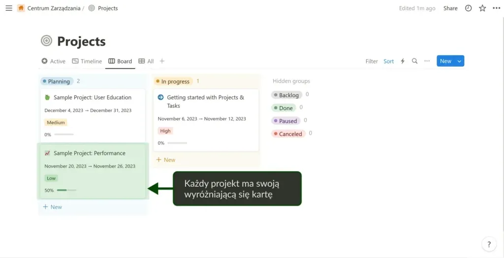 Ekran zarządzania projektami z wykazem zadań i zaawansowaniem prac.