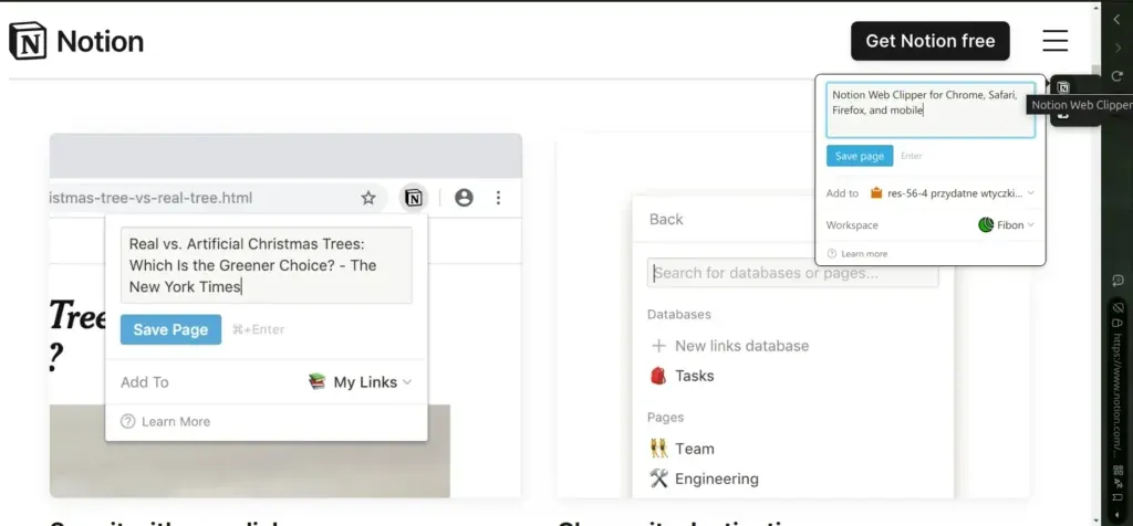 Zrzut ekranu przedstawiający działanie Notion Web Clipper, rozszerzenia przeglądarki internetowej, które pozwala…