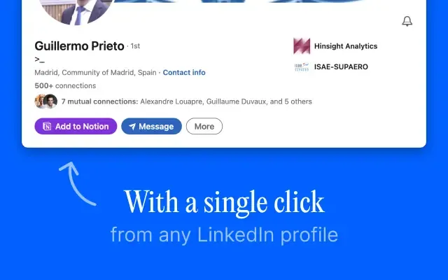 Profil użytkownika LinkedIn z przyciskiem "Add to Notion".