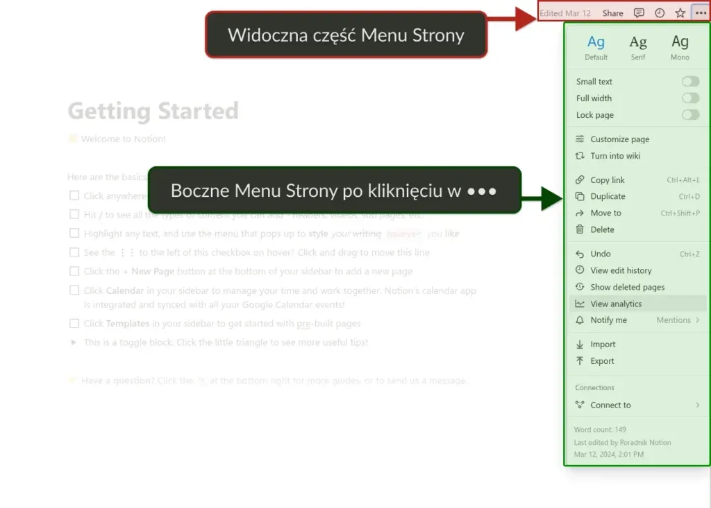 Menu boczne Notion po kliknięciu w przycisk ⋯.