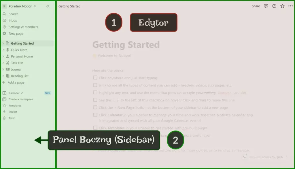 Edytor Notion z wyróżnionym panelem bocznym i edytorem strony.