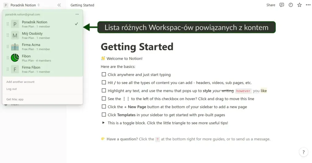 Panel boczny z lista workspace'ow powiazanych z kontem.