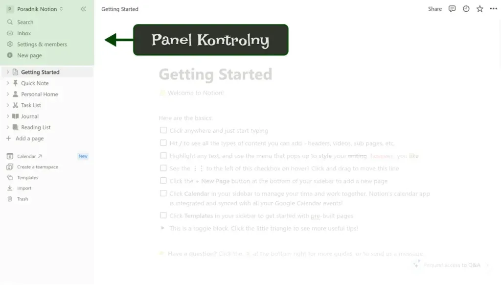 Panel boczny Notion z opcjami nawigacji i zarządzania stronami.