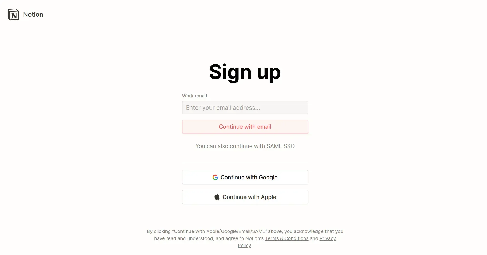 Strona rejestracji w Notion z polem do wpisania adresu e-mail.