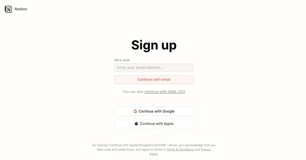Ekran rejestracji w Notion z polem do wpisania adresu e-mail oraz opcjami logowania przez Google, Apple lub SAML SSO.