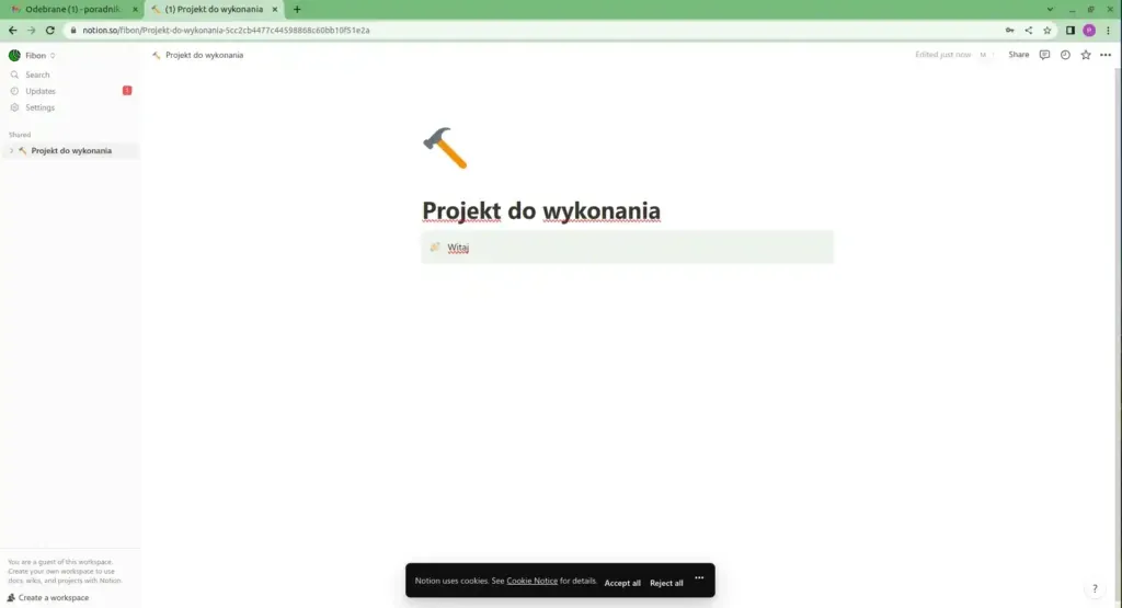 Strona powitalna Notion z propozycją utworzenia własnej przestrzeni roboczej.