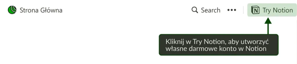Przycisk 'Try Notion' umożliwiający darmowe utworzenie konta.