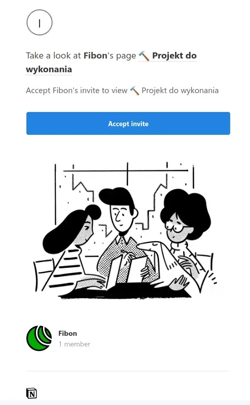 Zaproszenie do projektu w Notion z poziomu strony Fibon.