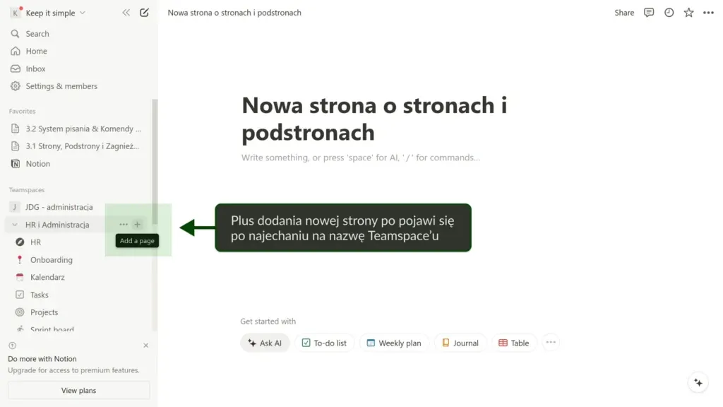 Dodanie nowej strony w Notion możliwe po najechaniu na nazwę Teamsapce'u.