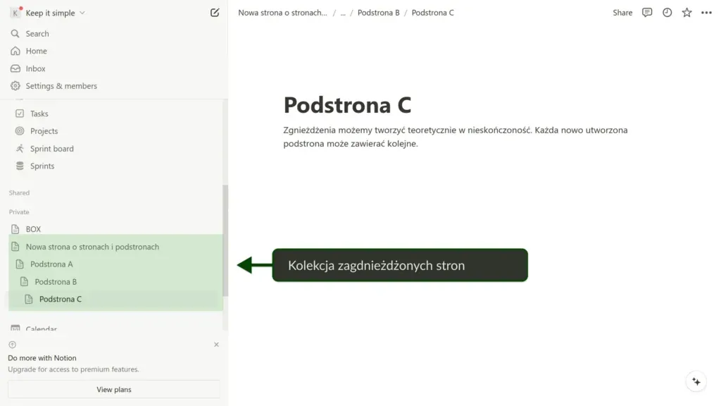 Zrzut ekranu przedstawia sposób tworzenia podstron w Notion, pokazując hierarchiczną strukturę stron i podstron.