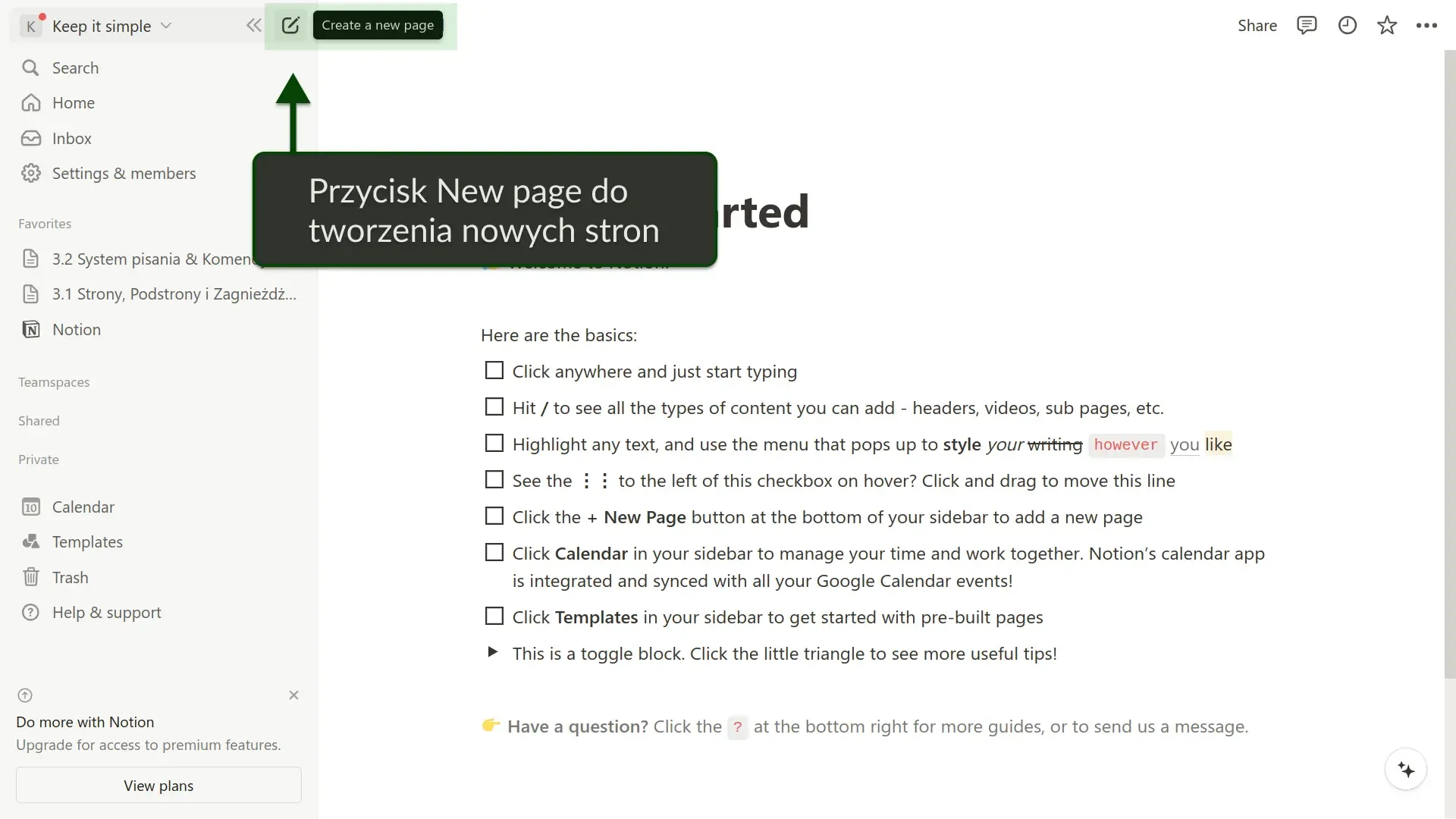 Tworzenie nowych stron w Notion za pomocą przycisku New page.