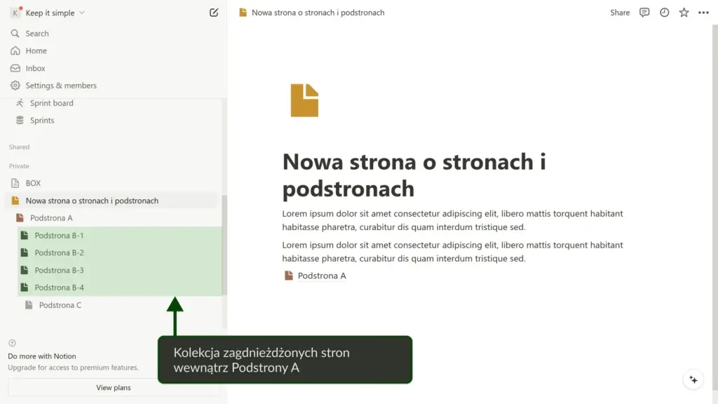 Kolekcja zagnieżdżonych stron wewnątrz strony nadrzędnej w Notion.