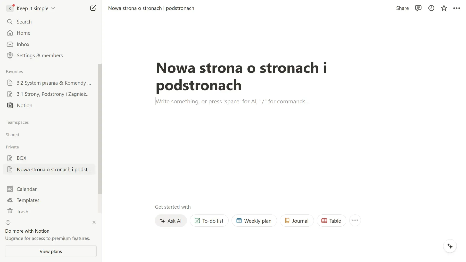Tytuł nowej strony w Notion z gotowymi szablonami.