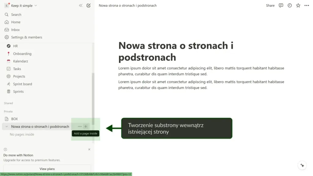 Tworzenie nowej podstrony w Notion, dodanej do istniejącej strony.