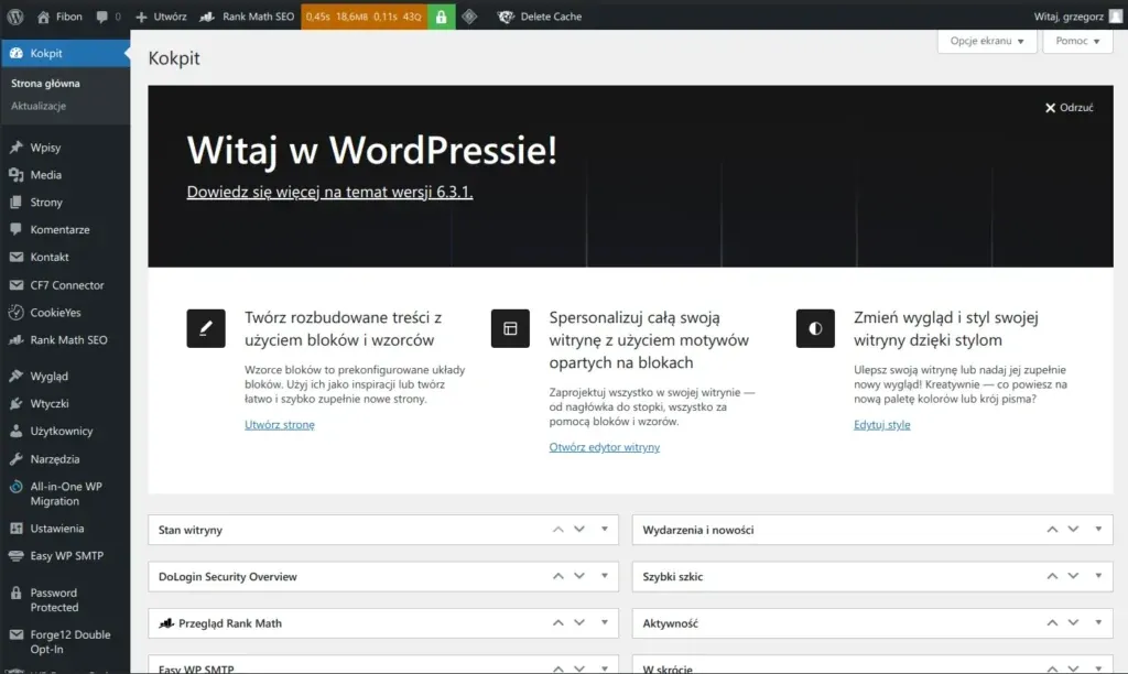 Panel kokpitu WordPress z informacjami o nowej wersji 6.3.1 oraz opcjami personalizacji strony.