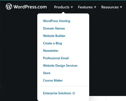 Menu rozwijane platformy WordPress.com z opcjami tworzenia stron internetowych.