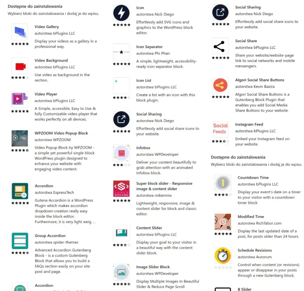 Lista dostępnych bloków Gutenberg do instalacji w WordPress, obejmująca narzędzia do pracy z wideo, ikonami, sliderami…