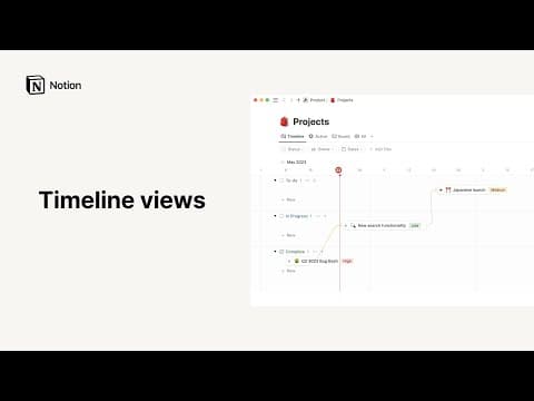 Timeline views w Notion: zależności i strzałki (fragment, interfejs z 2023)