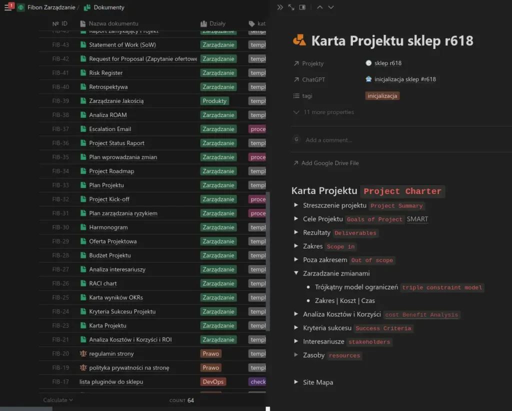 Karta Projektu i inne dokumenty sporządzane podczas etapu badania. Karta zrobiona w Notion, zawiera streszczenie projektu, cele, rezultaty, zakres i inne informacje
