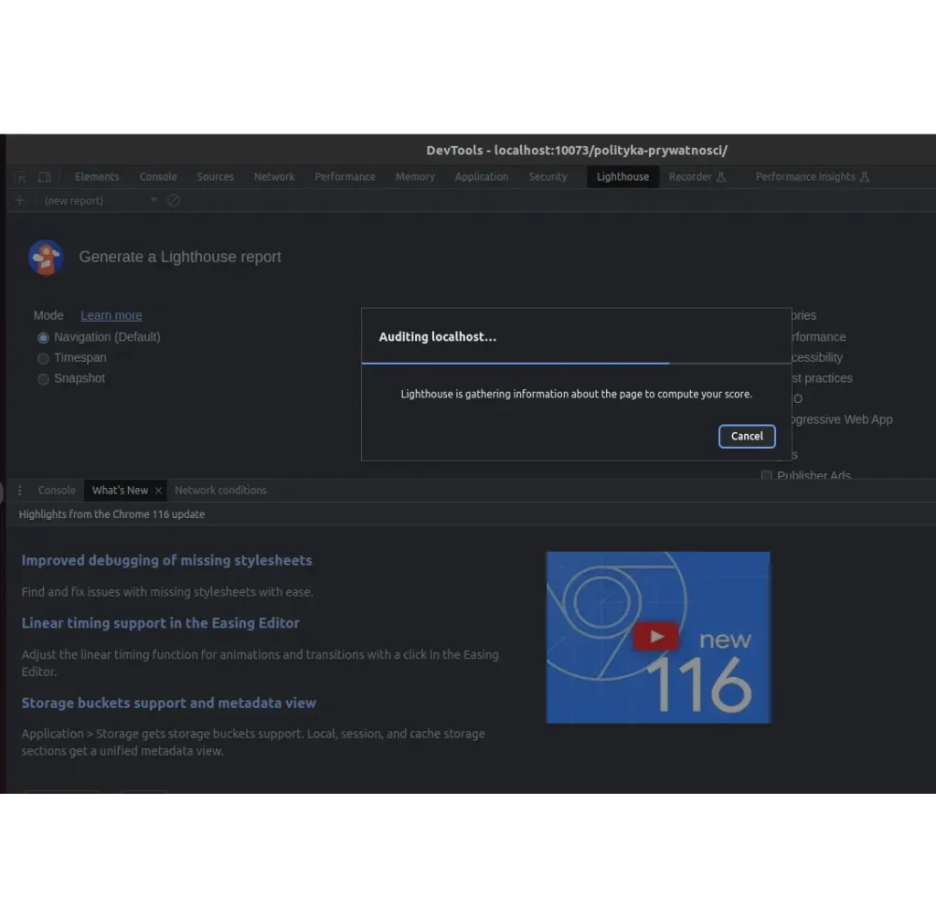 Zrzut ekranu z DevTools przedstawiający audyt Lighthouse na localhost podczas etapu finalizacji projektu.