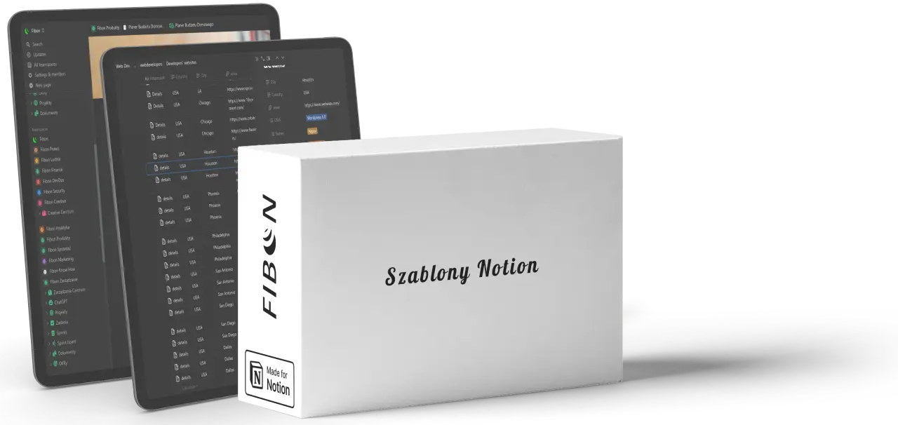 Białe pudełko z napisem 'Szablony Notion' i dwa czarne tablety za nim, z otwartymi projektami szablonów.