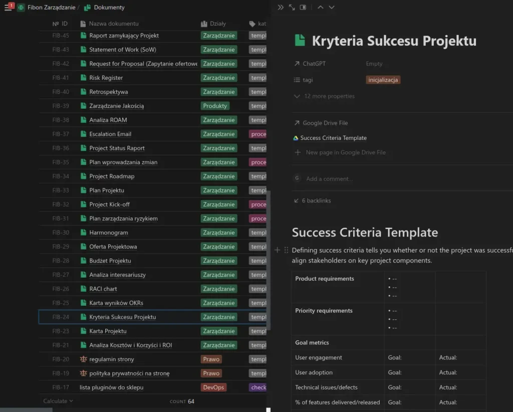 Karta Sukcesu Projektu i inne dokumenty sporządzane podczas etapu planowania.