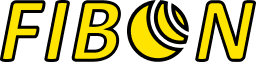 Horyzontalne logo Fibon, litera O składająca się z 3 części zmiejszających się w proporcjach fibonacciego. Litery żółte z czarnymi obramówkami.