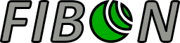 Horyzontalne logo Fibon, litera O składająca się z 3 części zmiejszających się w proporcjach fibonacciego. Litery szare z czarnymi obramówkami, litera elementy litery O zielone z czarnymi obramówkami.