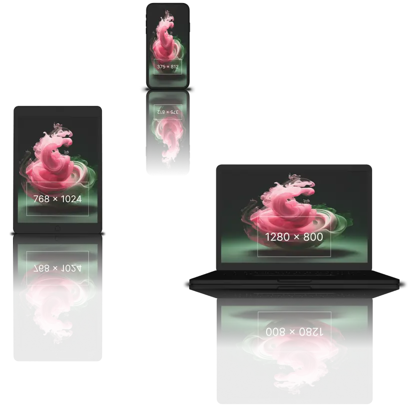 Telefon, tablet i laptop ustawione w rzędzie naprzemiennie, raz z lewej, raz z prawej strony. Subtelne odbicie na podłożu, dodające efektu realności.