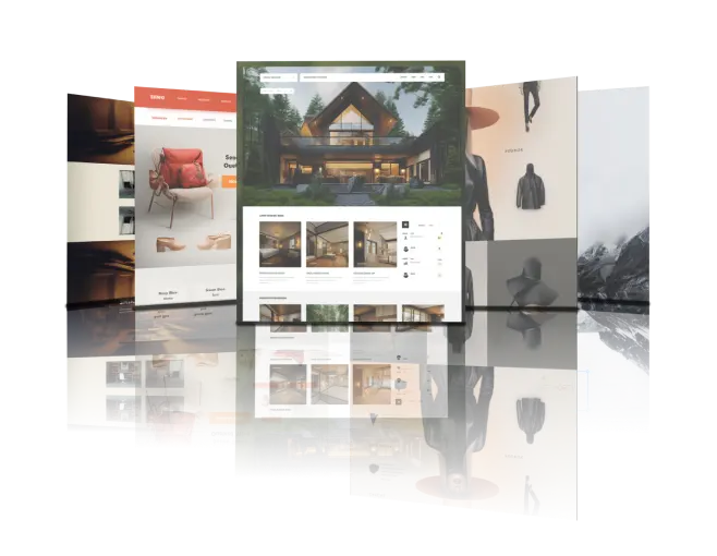 Pięć pionowo ustawionych mockupów stron internetowych na przezroczystym podłożu z odbiciem.