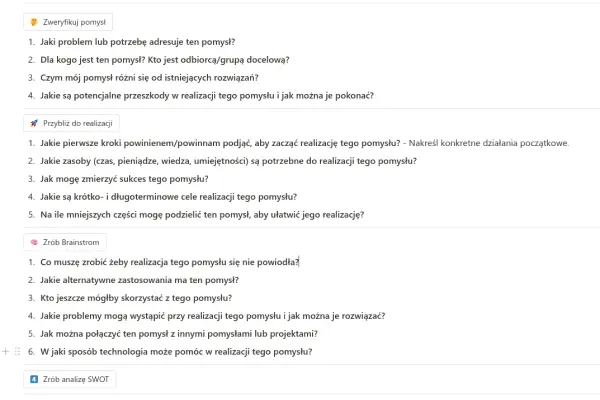 Ekran z checklistą do weryfikacji pomysłu w szablonie Notion.