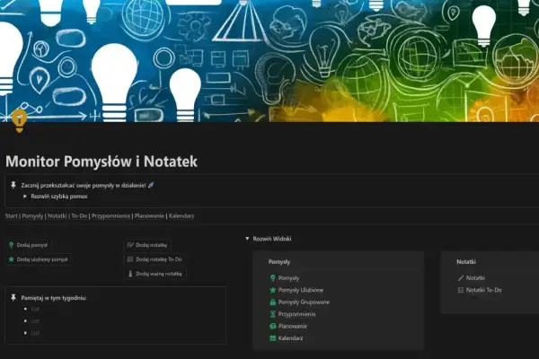 Zrzut ekranu interfejsu użytkownika aplikacji Notion z funkcjami dla monitorowania pomysłów i notatek.