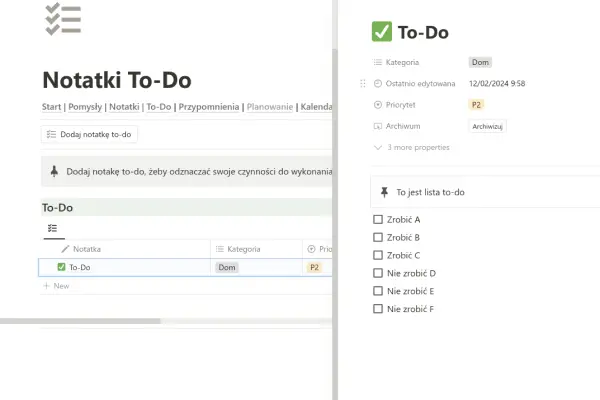 Ekran funkcji 'To-Do' w szablonie Notion, prezentujący listę zadań do wykonania.