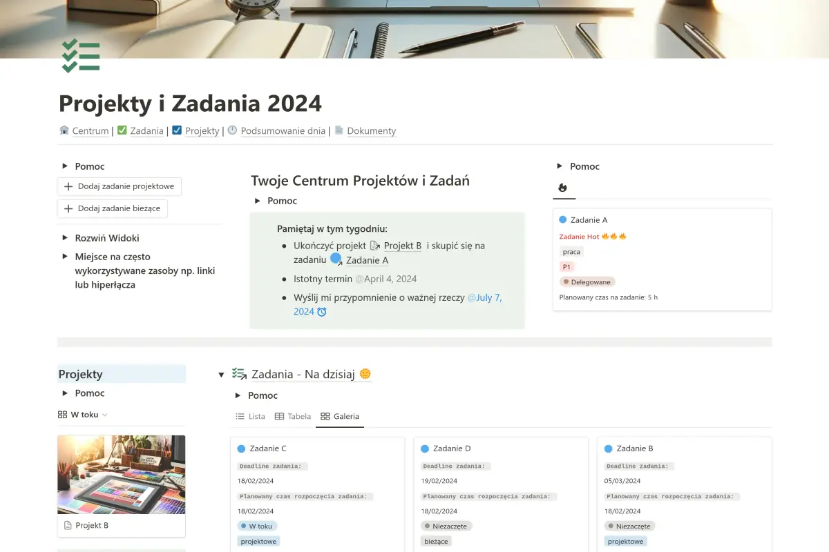 Centrum Zarządzania Zadaniami i Projektami Interfejs użytkownika Szablonu Notion do zarządzania zadaniami i projektami od Fibon.